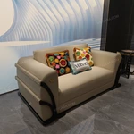 Light Beige Leather Sofa Set with Double-Layer Diamond Quilted Craftsmanship, Black Glossy Curved Natural Wood Veneer & Golden Stainless Steel Accents